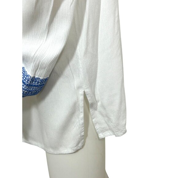 Susan Graver Tunic Top L White Blue Embroidered Boho Cottage V-Neck Rope Tassels - Picture 11 of 11